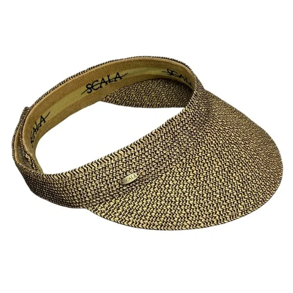 Scala Straw Visor Hat Women’s One Size Adjustable Tan/Black SunHat Golf Beach - Picture 1 of 11
